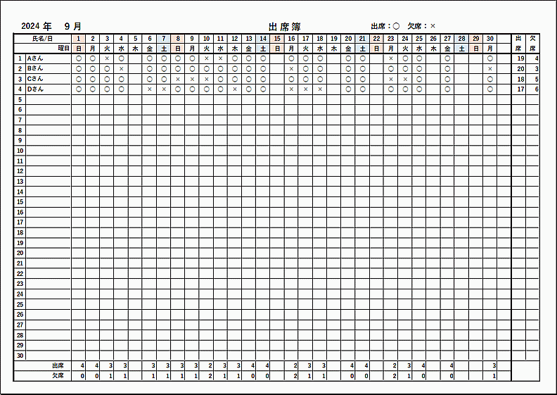 出席数と欠席数が自動計算できる出席簿